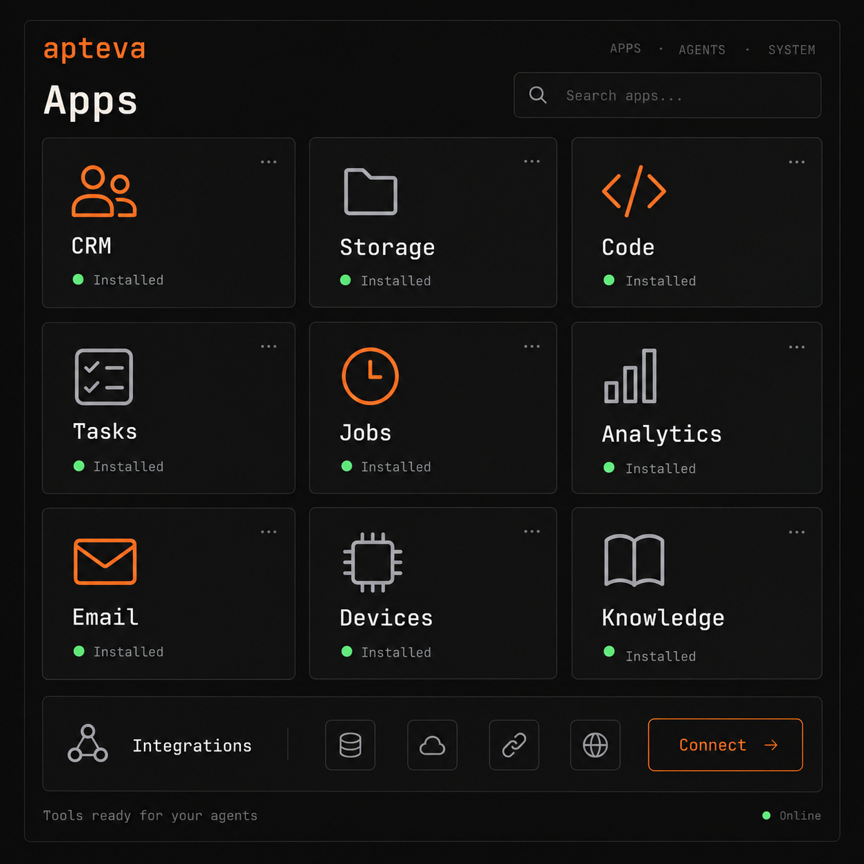 App library concept: CRM, storage, code, tasks, and other installable apps